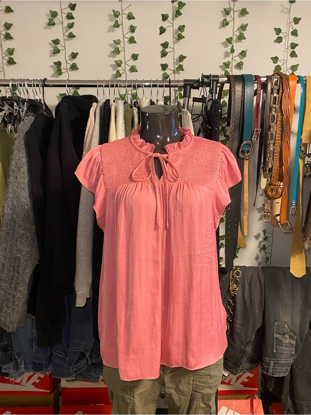 Women’s Pink Ruffle Tie-Neck Babydoll Top